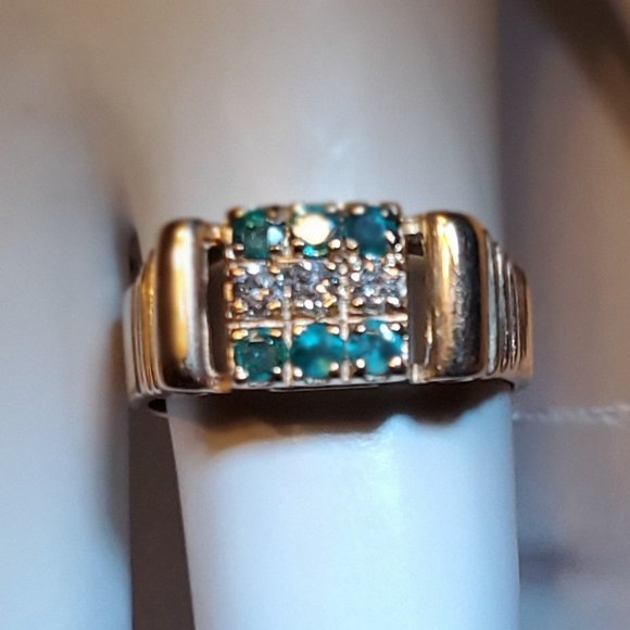 14K YELLOW GOLD UNISEX BEAUTIFUL DIAMOND & EMERALD RING - Picture 2 of 9
